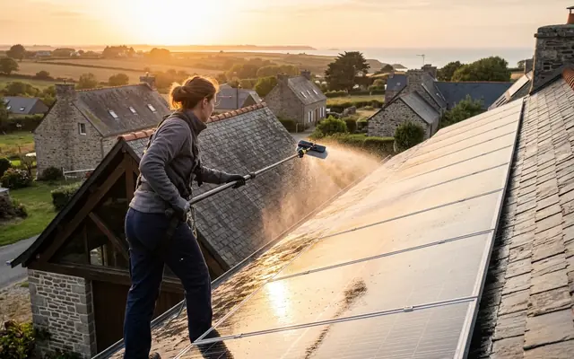 Rinçage — nettoyage de panneaux solaires dans le pays de Redon